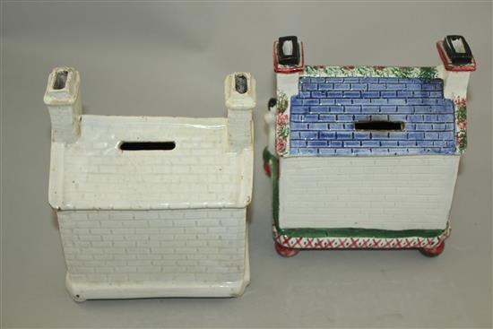 Two Yorkshire pottery money boxes in the form of a chapel, mid 19th century, 17.5cm and 18cm